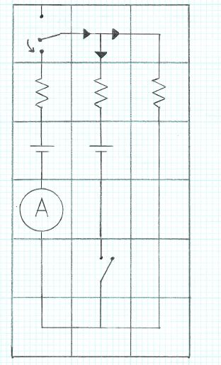 Circuit diagram for Exp 17: a two-loop circuit with two batteries, three resistors, an ammeter, and two switches